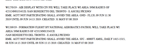 NOTAM per manifestazione FRECCE TRICOLORI a San Benedetto del Tronto